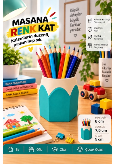 Kalemlik Renkli Kurşun Kalem Tasarımlı, 3d Baskı Turkuaz