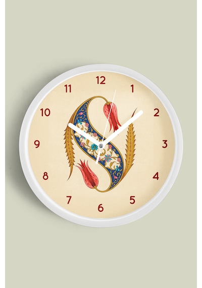 Hat Sanatı Motifli Osmanlı Desenli Klasik İslami Modern Duvar Saati - 42cm - Önü Camlı Beyaz Kasa Beyaz