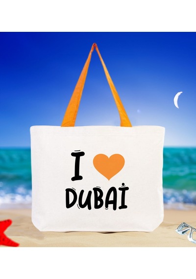 Bk Gift I Love Dubai Turuncu Renkli Kulp Kanvas Plaj Çantası 48x40m, Baskılı Omuz Çantası, Alışveriş Çantası