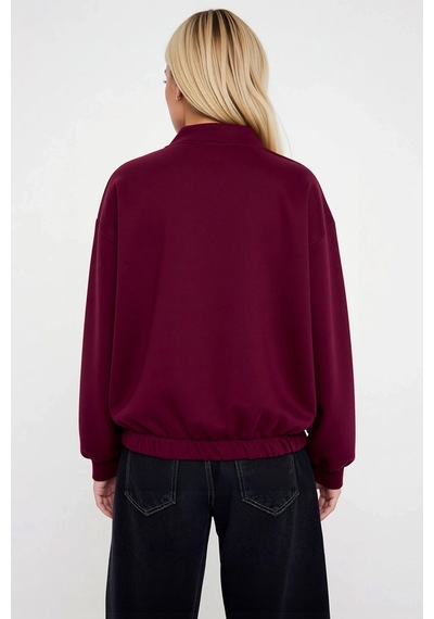 Benerly Kadın Bisiklet Yaka Düşük Kol Fermuarlı Oversize Kalın Örme Sweat Bordo