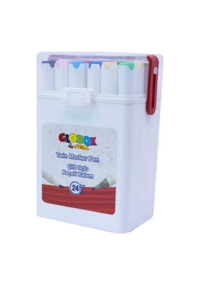 Globox Twin Marker Set Çift Uçlu Keçeli Kalem 24 Renk Plastik Çantalı Çok Renkli