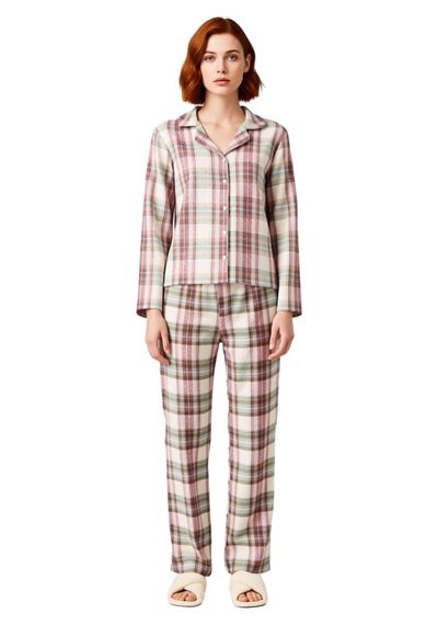 Ersefa Kadın Flanel Ekose Pijama Takımı Gömlek Yaka Uzun Kollu Fonksiyon Mint