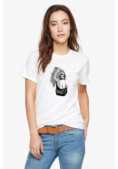 Skull Kızılderili Baskılı Beyaz Kadın Tshirt