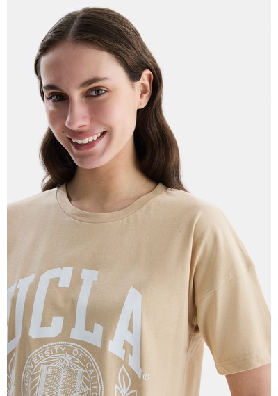 Ucla Avalon Kahve Bisiklet Yaka Baskılı Oversize Kadın Tshirt Kahve