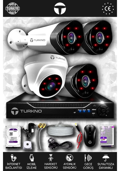Turkno 4 Kameralı Galia 1 İç Kamera Set 100 GB HDD Full HD Gece Görüşlü Güvenlik Kamerası Sistemi