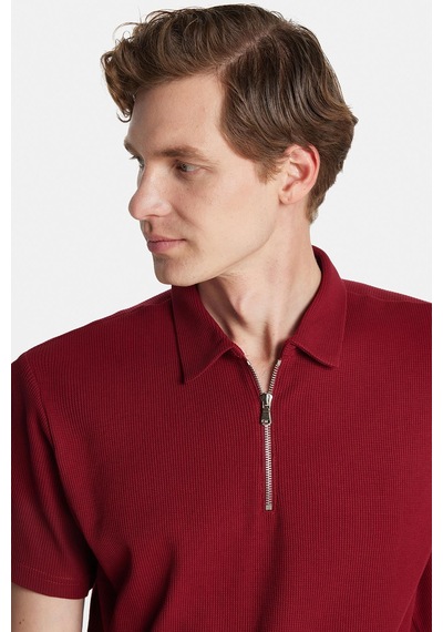 Tudors Erkek Slim Fit Dar Kesim %100 Pamuk Fermuarlı Bordo Polo Yaka Tişört-34590 Bordo