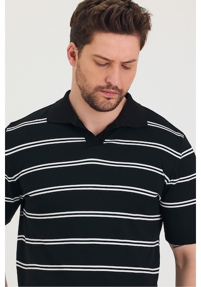 Tarz Cool Erkek Polo Yaka Çift Çizgi Detaylı Triko T-shirt Siyah