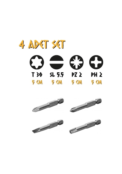 Kupa Tyson Bits Uç Seti 4 Parça - Ph2 - Pz2 - Düz - Tork - 5 Cm.
