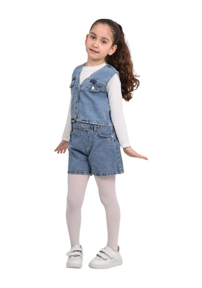 Erdem Kıds Kız Çocuk Pamuklu Jean Denim Düğmeli Kot Yelek Mavi Mavi