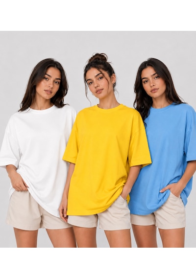 Polymood 3'lü Set Oversize %100 Organik Pamuk Yuvarlak Yakalı Bol Kesim T-shirt Beyaz-sarı-mavi Polymood 3'lü Set Oversize %100 Organik Pamuk Yuvarlak Yakalı Bol Kesim T-shirt Beyaz-sarı-mavi