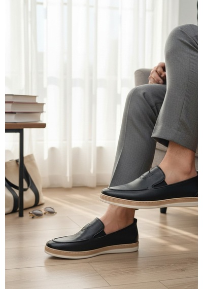 Enoch Hakiki Deri Mokan Dikişli Ve Kontrast Tabanlı Erkek Slip-on Ayakkabı Siyah