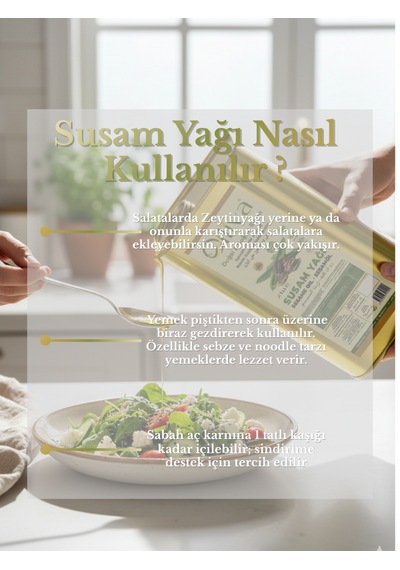 %100 Doğal Susam Yağı 1 L Soğuk Sıkım Teneke Ambalaj Tazeliğini Korur