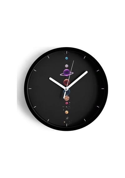 Gezegenler Modern Tasarım Duvar Saati - 30cm - Önü Camlı Siyah Kasa - Sessiz Mekanizma-jh0274 Siyah