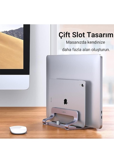Ugreen Masaüstü Alüminyum Çift Yuvalı Dikey Notebook Apple Uyumlu MacBook Laptop Standı
