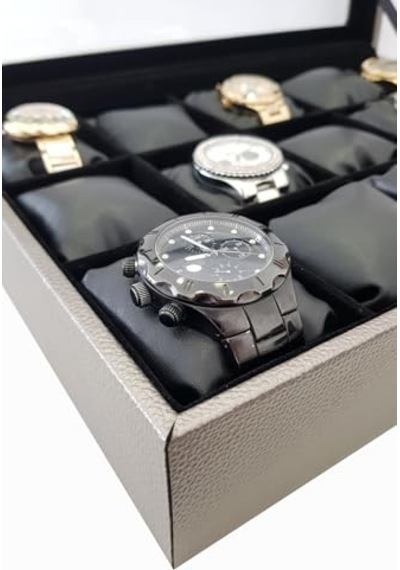 15 Li Diamond Gri Deri Ahşap Camlı Saat Kutusu St15-59 Genel