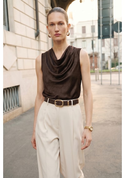 Sateen Degaje Yaka Saten Bluz - Koyu Kahve-137715