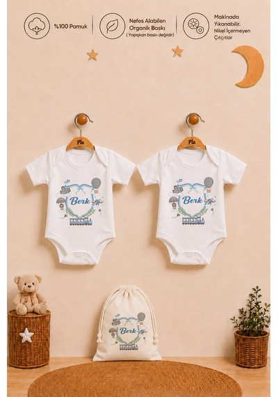 Pia Baby İsme Özel Erkek Bebek Hediyesi 2'li %100 Pamuk Organik Baskılı Çıtçıtlı Body Zıbın Ve Ham Bez Kıyafet Kesesi 1029b2kyx Krem
