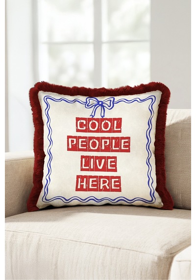 Cool People Live Here Yazılı Saçaklı Yastık Kılıfı-nostaljik Yazı Krem Bordo Püsküllü Kırlent Kılıfı Sarı