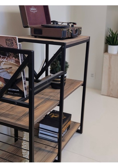 Plak Standı Metal Gövdeli Ahşap Raflı Pilak Köşesi Dresuar Siyah