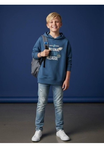 Zekids Erkek Çocuk Sırt Baskılı Football League Yazılı Kapüşonlu Sweatshirt-16639 Indigo