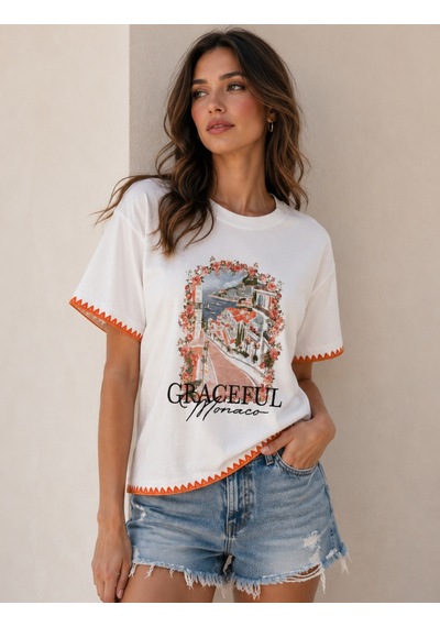 Turuncu Nakış Detaylı Oversize T-shirt Beyaz