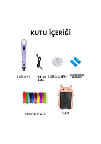 Mor 3D Kalem 3D Pen Yazıcı Kalem | 50 Metre PLA Filament + Grafik Tablet + USB Kablo