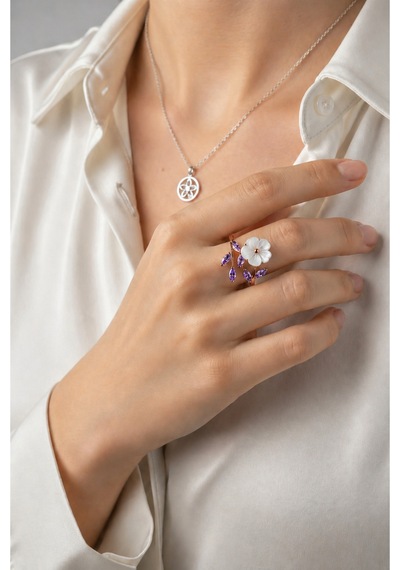 Çekirdekjewelry 925 Ayar Gümüş Manolya Çiçekli Ayarlanabilir Mortaslı Yüzük Pembe