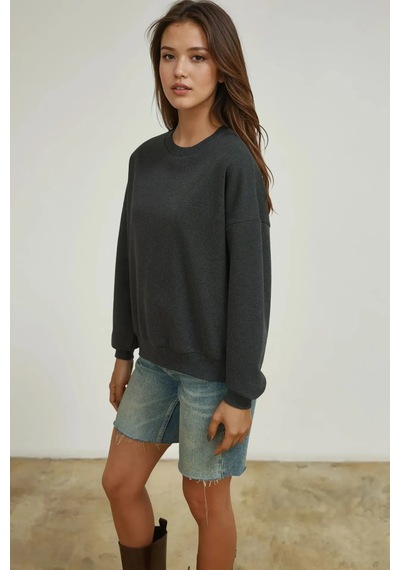 Hiccup Oversize Bisiklet Yaka Basic Sweatshirt Gri