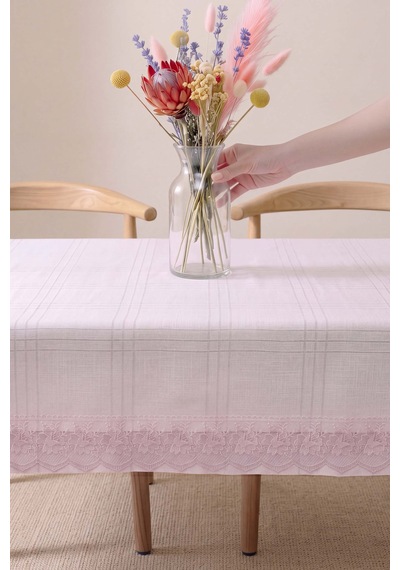 Pudra Keten Efektli Leke Tutmaz Masa Örtüsü 150x220 Cm