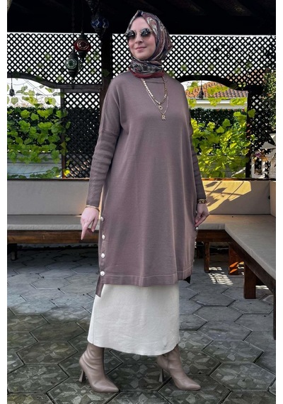 Rabia Şamlı Sevda Triko Tunik Sütlü Kahve Çok Renkli