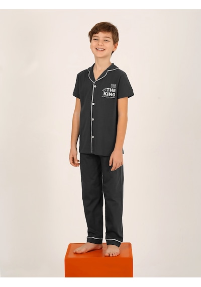 Vitmo Erkek Çocuk Kısa Kollu Düğmeli %100 Pamuklu Pijama Takımı The King Antrasit