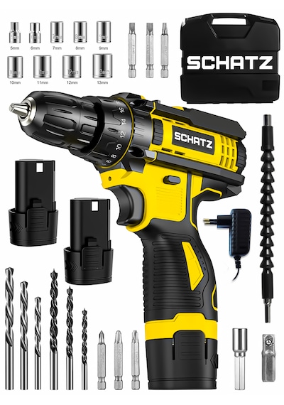 Schatz 12v Çift Akülü Çelik Şanzıman Bakır Sargılı Şarjlı Vidalama Matkap Sarı + 24 Parça Set