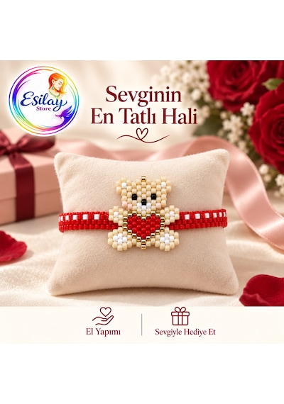 El Yapımı Miyuki Boncuk Ayıcık Bileklik Kırmızı Kalpli Özgün Tasarım Çok renkli