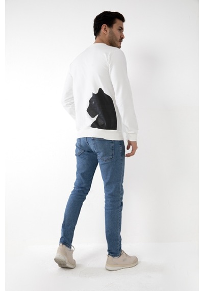 Erkek Beyaz Renk Kapşonsuz Puma Baskılı Sweatshirt