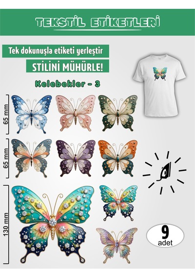 Ütü İle Yapışan Kıyafet Etiketi Kelebekler -3 9lu Set Karışık