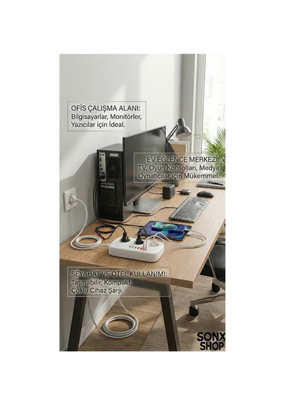 2500w Çoklu Priz 2 Metre 3 Lü Ac Priz +5 Usb Çıkışı Akım Korumalı Alev Almayan Gövde, 0