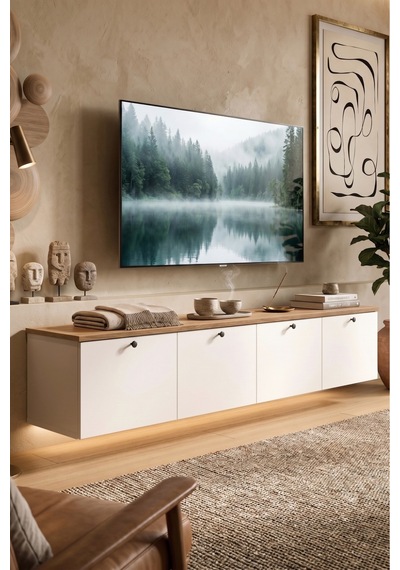 Nord Led Işıklı Tv Ünitesi Sehpası 4 Kapaklı Duvara Monte 180cm Sepet-beyaz Nd19-sw