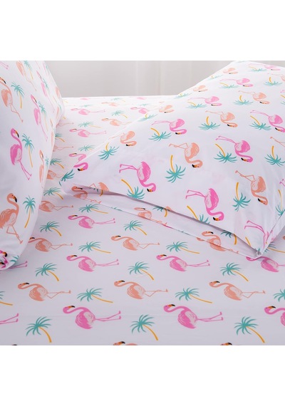 Lexroo Ultra Yumuşak Çift Fırçalı 6 Parça Mikrofiber Çarşaf Seti Güzel Tropikal - Flamingo, Queen Çok Renkli