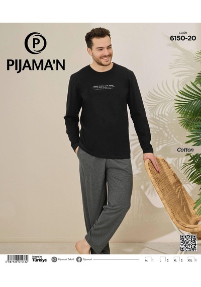 Pijamoni Erkek Pamuklu Bisiklet Yaka Uzun Kol İnce Pijama Takımı 6150/20 - 1 Adet Siyah