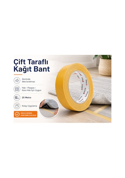 Çift Taraflı Kağıt Bant 3 Cm 25 Metre İz Leke Bırakmaz Halı Paspas Karo Halı Sabitleme Kaydırmaz Zemin Yapışkan Bant Kapı Önü Balkon Paspası Tutucu Bant