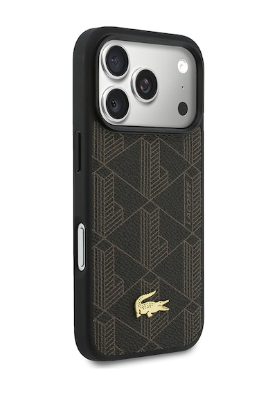 Apple Uyumlu iPhone 17 Pro Max Kılıf Lacoste Lisanslı M-safeli Pu Deri Kartlıklı Karışık Monogram Desenli Kahve Kahverengi