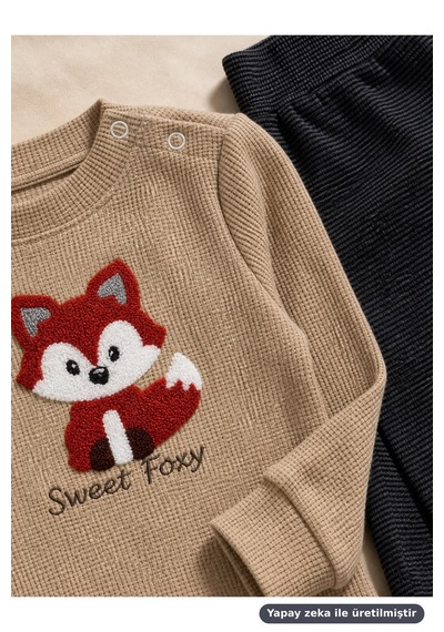 Ferasty İstanbul Erkek Bebek 2'li Takım Tilki Nakışlı Sweet Foxy Bej