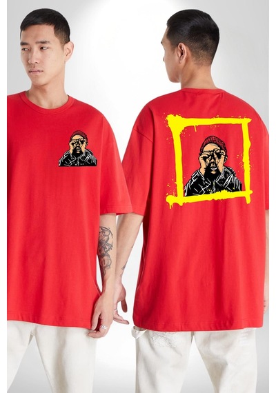 Fantastik Sanatsal Yeni Nesil Kırmızı Bere El İle Dürbün Kırmızı Oversize Unisex Ön Ve Sırt Baskılı Tişört Kırmızı