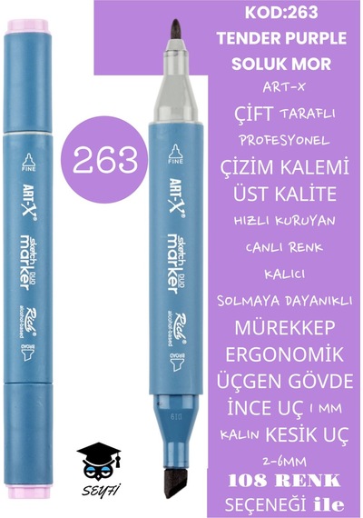 Çift Taraflı Profesyonel Çizim Kalemi Kalıcı Mürekkep Üçgen Gövde İnce Uç 1 Mm Kesik Uç 2-6mm Sketch 263-soluk Mor