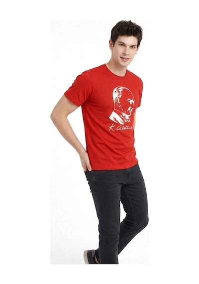 Wear Vexel Erkek Atatürk Baskılı Tişört Kısa Kollu Bisiklet Yaka T-shirt - Kırmızı Çok Renkli