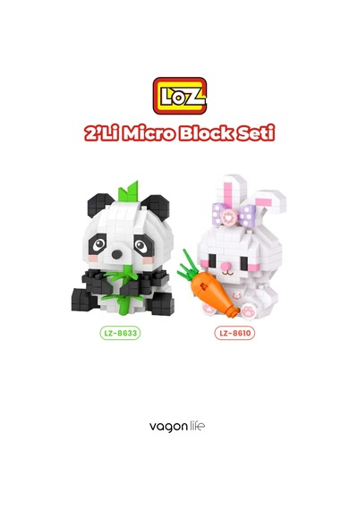 Loz Micro Block 2'li Panda Tavşan Figürü 2 Farklı Model Dekoratif Oyuncak Yapım Seti Yapı Blok Seti