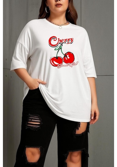 Büyük Beden Cherry Kiraz Baskılı Unisex Tişört Beyaz