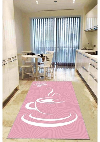 Pembe Kaymaz Taban Yıkanabilir Fincanlı Mutfak Halısı Ar860n11