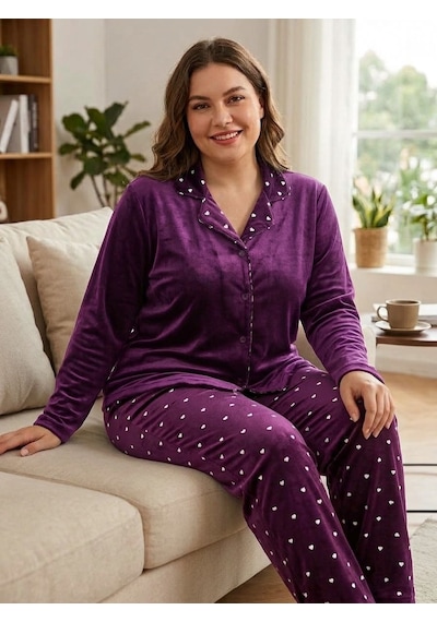 Büyük Beden Boydan Düğmeli Likralı Yumuşak Tuşeli Kadife Kumaş Pijama Takımı Bordo