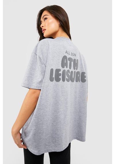 Ath Leisure T-shirt - Gri Baskılı Oversize Bisiklet Yaka Kısa Kol Tişört Gri
